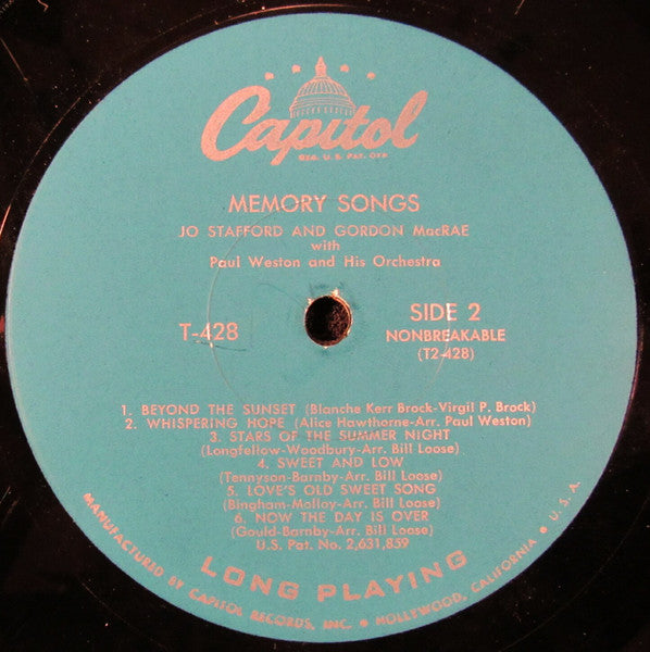 Jo Stafford and Gordon Macrae : Memory Songs (LP, Mono)