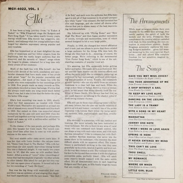 Ella Fitzgerald : Sings The Rodgers And Hart Song Book Volume 1 (LP, Album, Mono)
