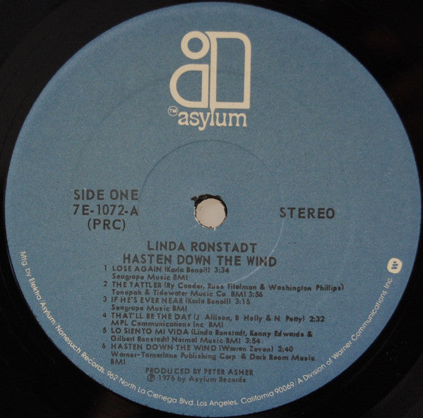 Linda Ronstadt : Hasten Down The Wind (LP, Album, PRC)