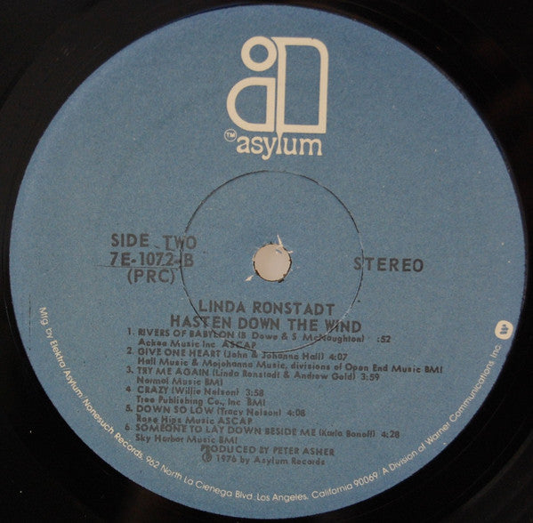 Linda Ronstadt : Hasten Down The Wind (LP, Album, PRC)