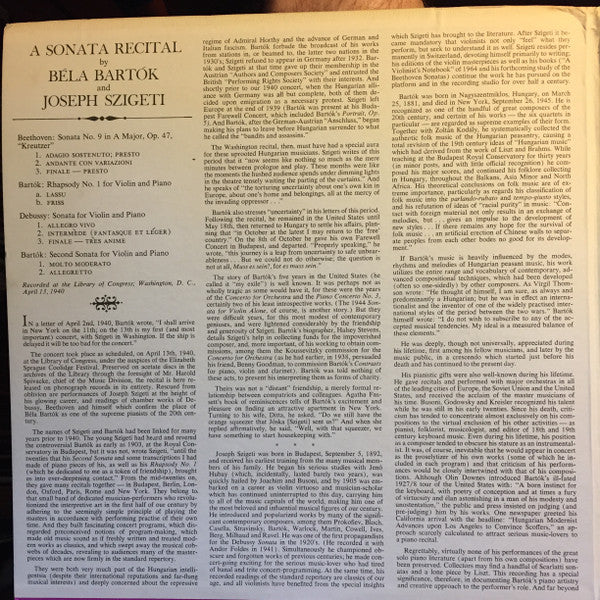 Joseph Szigeti & Béla Bartók : A Sonata Recital By Joseph Szigeti And Béla Bartók (2xLP, Album, Mono)