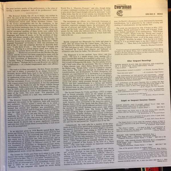 Joseph Szigeti & Béla Bartók : A Sonata Recital By Joseph Szigeti And Béla Bartók (2xLP, Album, Mono)