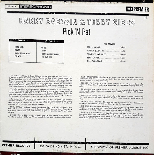 Harry Babasin & Terry Gibbs : Pick N' Pat (LP, Album, RE)