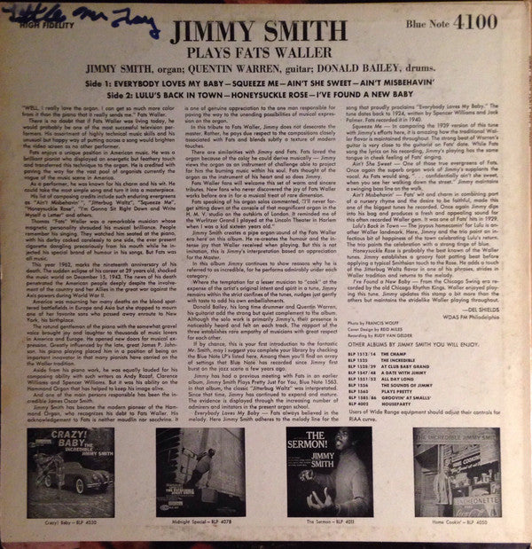 Jimmy Smith : Plays Fats Waller (LP, Album, Mono, RP)