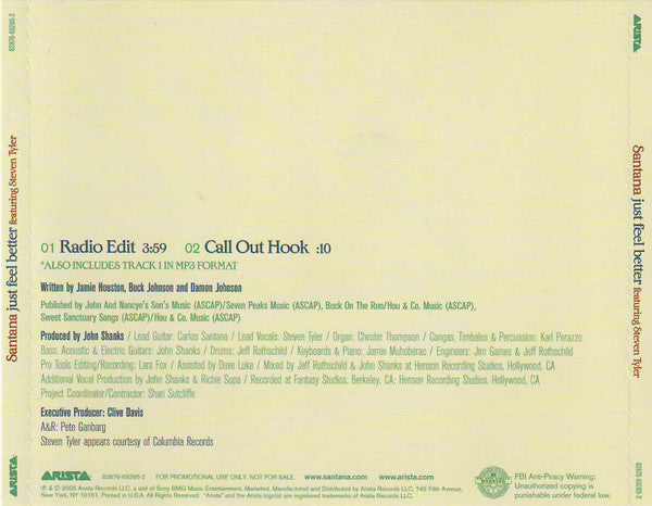 Santana Featuring Steven Tyler : Just Feel Better (CD, Single, Enh, Promo)