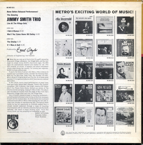 Jimmy Smith Trio : Live At The Village Gate (LP, Album)