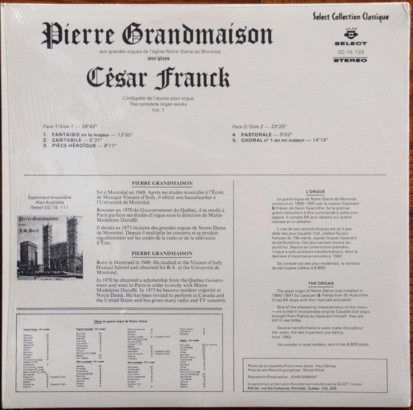 Pierre Grandmaison : Joue César Franck : L'intégrale de L'Oeuvre Pour Orgue (LP, Album)