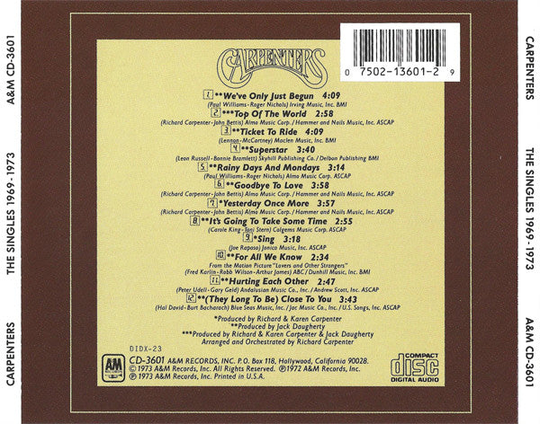 Carpenters : The Singles 1969-1973  (CD, Album, Comp, RE)