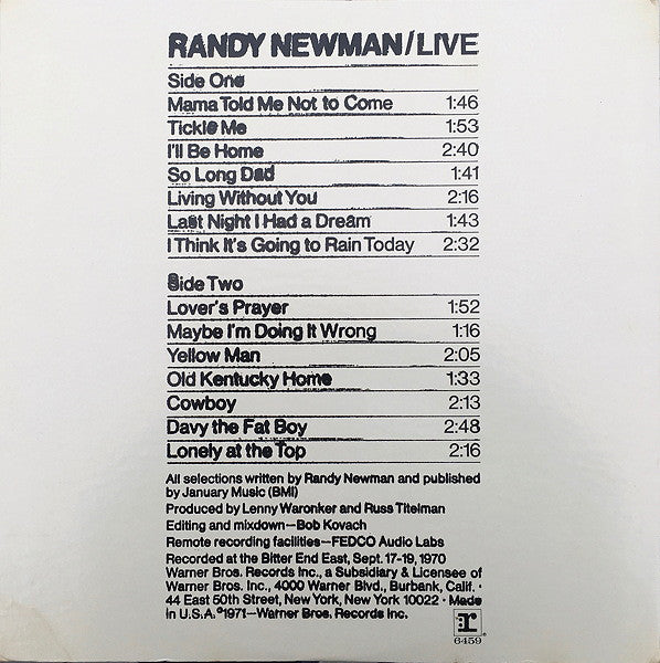Randy Newman : Live (LP, Album, San)