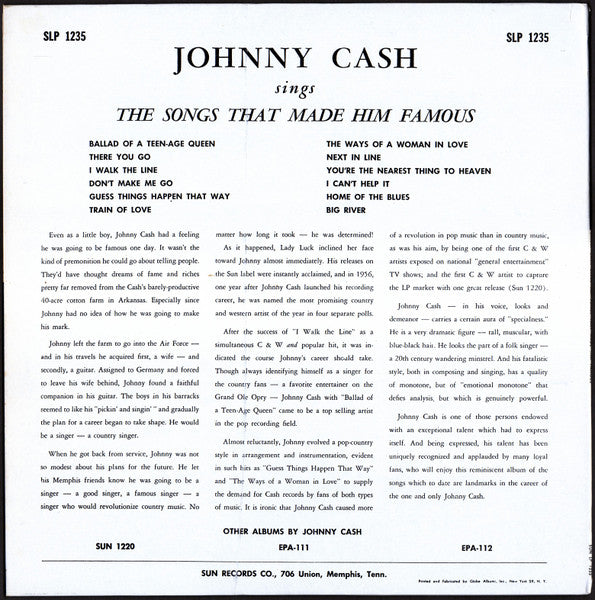 Johnny Cash : Sings The Songs That Made Him Famous (LP, Album, Mono)