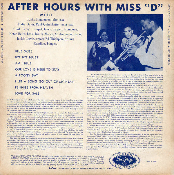 Dinah Washington : After Hours With Miss "D" (LP, Album, Mono, Ind)