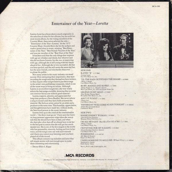 Loretta Lynn : Entertainer Of The Year - Loretta (LP, Album, Pin)