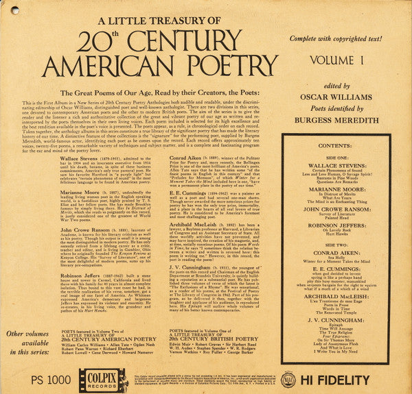 Various : A Little Treasury Of 20th Century American Poetry   Volume 1 (LP, Album)
