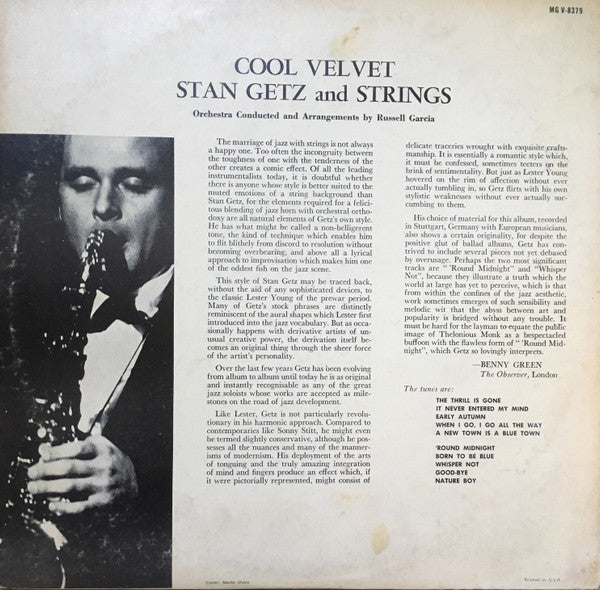 Stan Getz And Strings : Cool Velvet (LP, Album, Mono, RE, MGM)