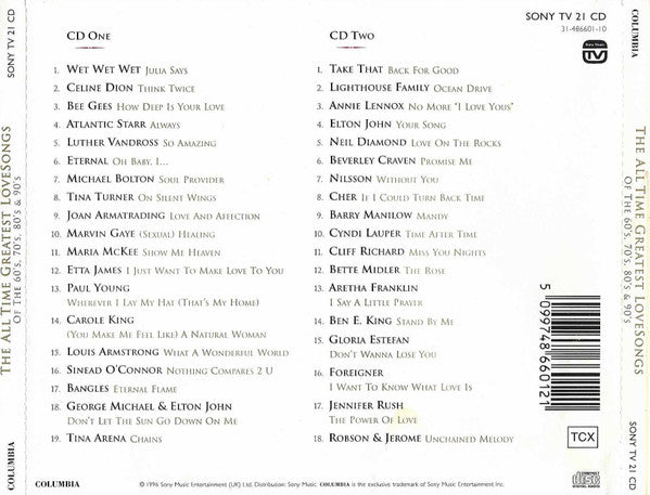 Various : The All Time Greatest Love Songs Of The 60's, 70's, 80's & 90's (2xCD, Comp)