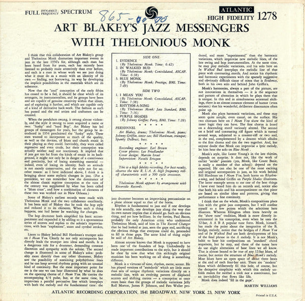 Art Blakey's Jazz Messengers* With Thelonious Monk : Art Blakey's Jazz Messengers With Thelonious Monk (LP, Album, Mono, RP)