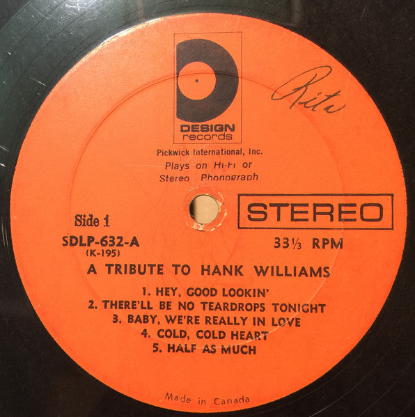 Unknown Artist : A Tribute To Hank Williams (LP, Album, Comp)