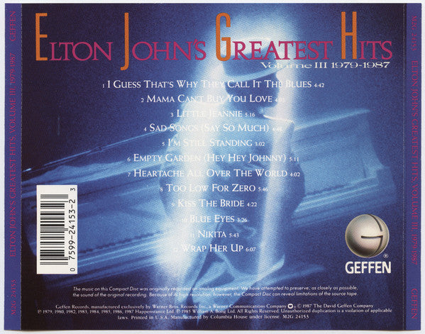 Elton John : Greatest Hits Volume III 1979-1987 (CD, Comp, Club)