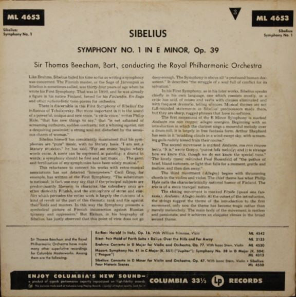 Sibelius* / Royal Philharmonic Orchestra, Sir Thomas Beecham : Symphony No. 1 In E Minor, Opus 39 (LP, Mono, RE)