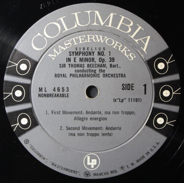 Sibelius* / Royal Philharmonic Orchestra, Sir Thomas Beecham : Symphony No. 1 In E Minor, Opus 39 (LP, Mono, RE)