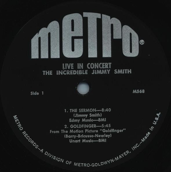 Jimmy Smith : Live In Concert - The Incredible Jimmy Smith (LP, Album, Mono)