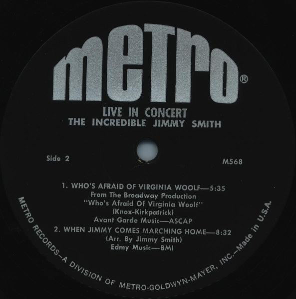 Jimmy Smith : Live In Concert - The Incredible Jimmy Smith (LP, Album, Mono)