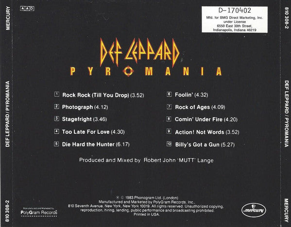 Def Leppard : Pyromania (CD, Album, Club, BMG)