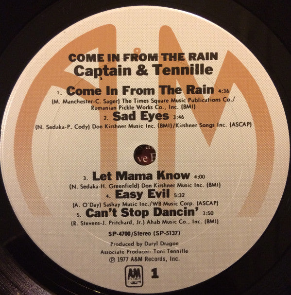 Captain And Tennille : Come In From The Rain (LP, Album, Pit)
