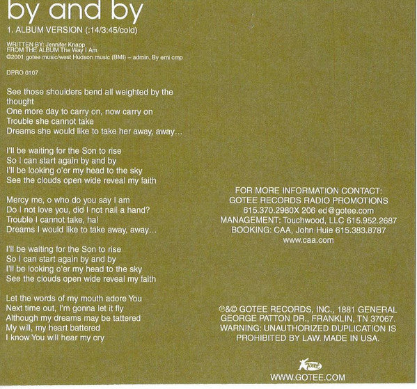 Jennifer Knapp : By And By (CD, Single, Promo)