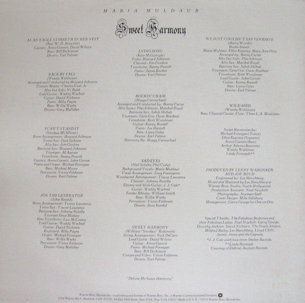 Maria Muldaur : Sweet Harmony (LP, Album, Win)