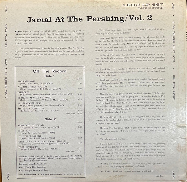Ahmad Jamal : Jamal At The Pershing   Volume 2 (LP, Album)