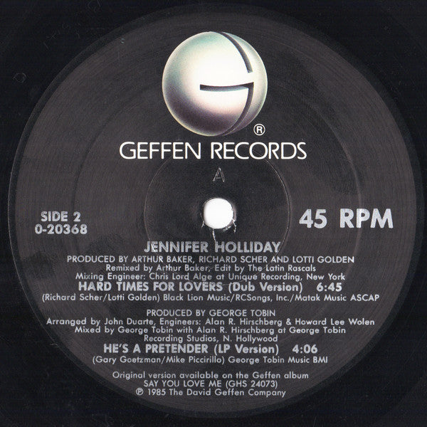 Jennifer Holliday : Hard Times For Lovers (12", Promo)