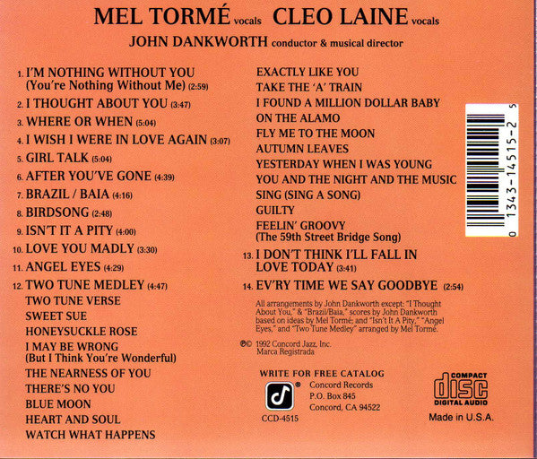 Mel Tormé / Cleo Laine : Nothing Without You (CD, Album)