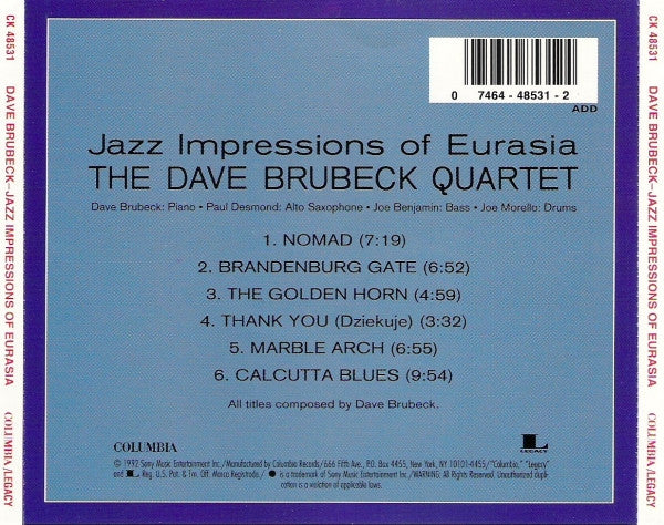 The Dave Brubeck Quartet : Jazz Impressions Of Eurasia (CD, Album, RE, RM)