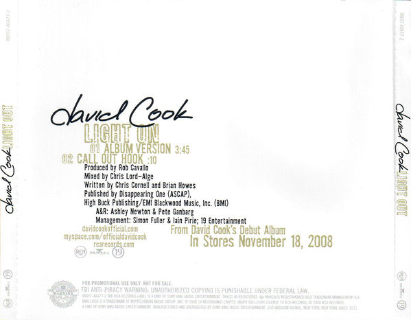 David Cook (2) : Light On (CD, Single, Promo)
