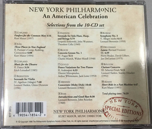 New York Philharmonic : An American Celebration: Selections From The New 10-CD Set! (CD, Comp, Promo, Smplr)