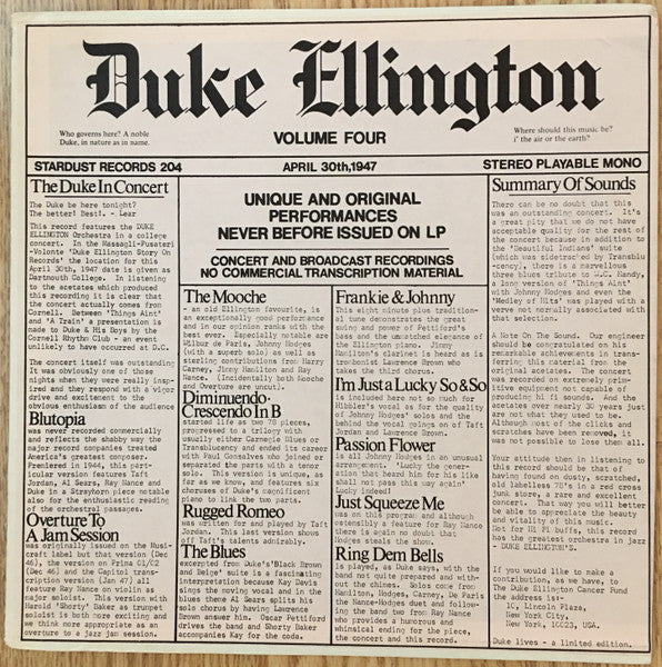 Duke Ellington : Volume Four - April 30, 1947 (LP, Album, Mono)