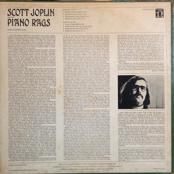 Scott Joplin, Joshua Rifkin : Piano Rags (LP, Album, San)
