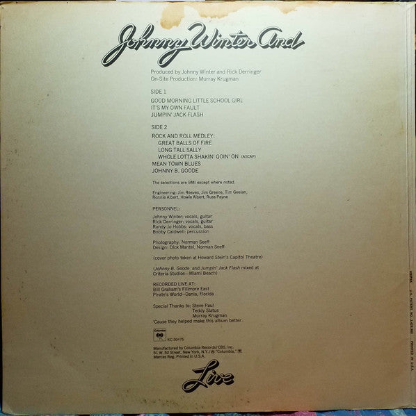 Johnny Winter And : Live Johnny Winter And (LP, Album, Uni)