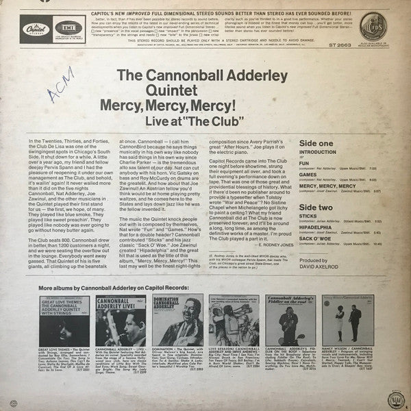 The Cannonball Adderley Quintet : Mercy, Mercy, Mercy! - Live At "The Club" (LP, Album, Jac)