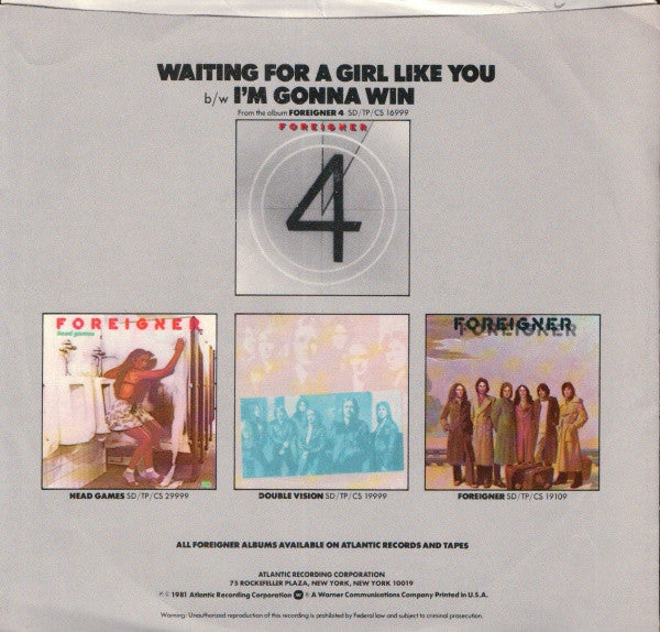 Foreigner : Waiting For A Girl Like You (7", Single, SP )
