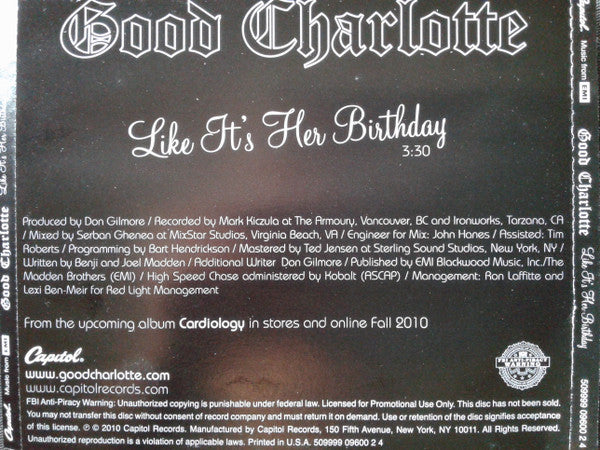 Good Charlotte : Like It's Her Birthday (CD, Single, Promo)