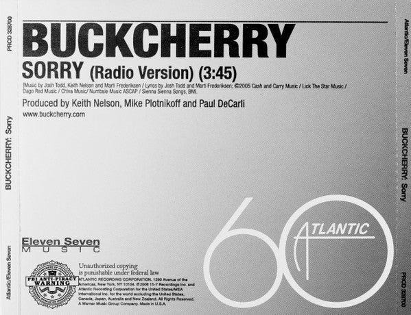 Buckcherry : Sorry (CD, Single, Promo)