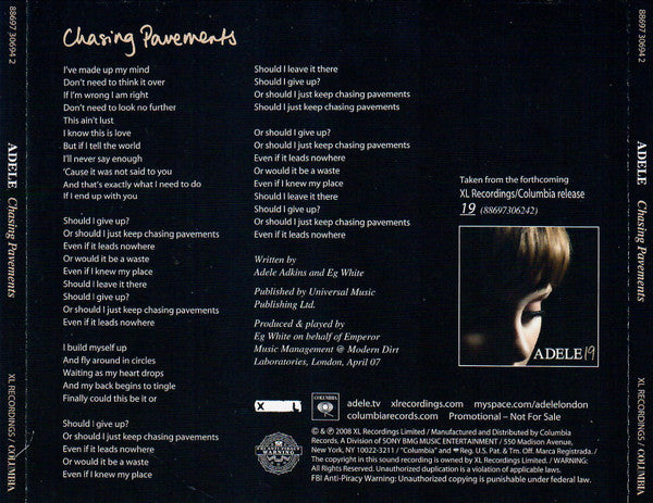 Adele (3) : Chasing Pavements (CD, Single, Promo)