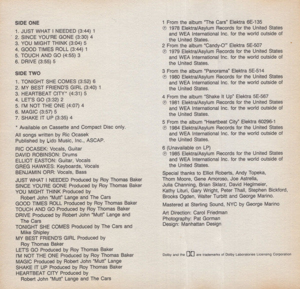 The Cars : The Cars Greatest Hits (Cass, Comp, Club, Cle)