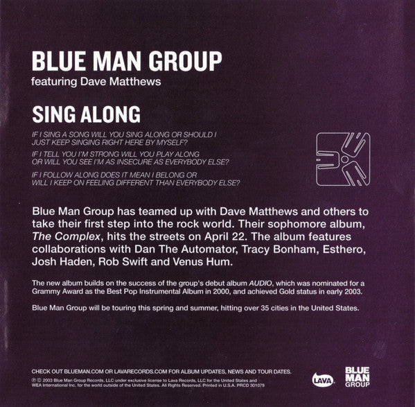 Blue Man Group feat. Dave Matthews : Sing Along (CD, Single, Promo)