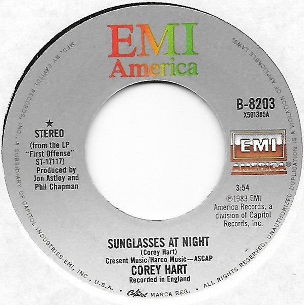 Corey Hart : Sunglasses At Night (7", Single, Sec)