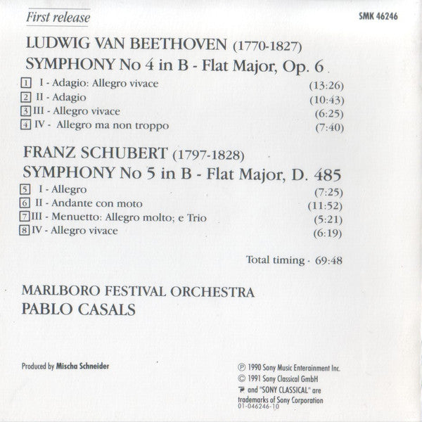 Ludwig van Beethoven / Franz Schubert - Pablo Casals, Marlboro Festival Orchestra : Symphony No. 4 / Symphony No. 5 (CD, Album, RP)