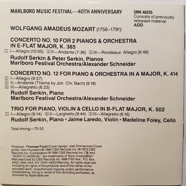 Wolfgang Amadeus Mozart : Concerto No. 10, For Two Pianos K.365 - Piano Concerto No. 12, K.414 - Piano Trio, K.502 (CD, Comp)