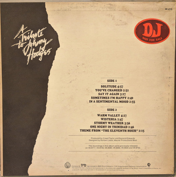 Johnny Hodges : A Tribute To Johnny Hodges (LP, Comp, Promo, RE)